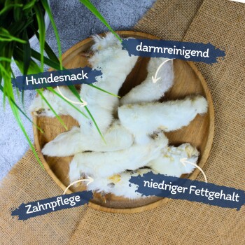 Ein Holzbrett hält mehrere weiße Hundesnacks, beschriftet mit den Texten: "Hundesnack," "darmreinigend," "Zahnpflege," und "niedriger Fettgehalt."
