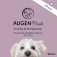 AUGEN Pads für Hunde, mit einer Nahaufnahme des Gesichts eines weißen Hundes. Die Verpackung hebt die Inhaltsstoffe hervor: Aloe Vera, Panthenol und Kamille. 100 Stück.