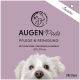 AUGEN Pads für Hunde, mit einer Nahaufnahme des Gesichts eines weißen Hundes. Die Verpackung hebt die Inhaltsstoffe hervor: Aloe Vera, Panthenol und Kamille. 100 Stück.