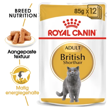 Royal Canin Adult British Shorthair kattenvoer verpakking, met een grijze kat en benadrukt voeding specifiek voor het ras en gematigde energie.