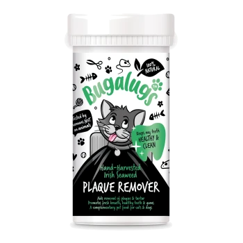 Behälter mit Bugalugs handgeerntetem irischem Seegras-Zahnsteinentferner für Katzen und Hunde, mit Cartoon-Katze und Text zur Zahngesundheit.