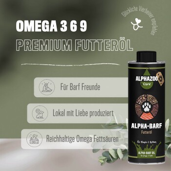 Premium-Haustierfutteröl mit der Aufschrift 'ALPHA-BARF', das Omega 3, 6 und 9 enthält, mit Text, der die lokale Produktion und Vorteile für BARF-Diäten hervorhebt.