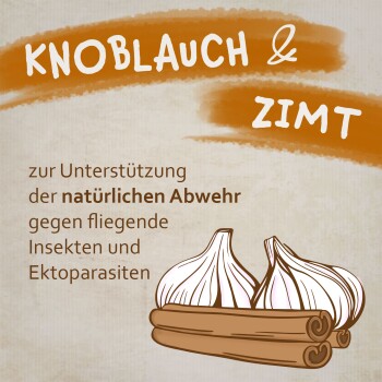 Knoblauch- und Zimtprodukt für Haustiere, das natürlichen Schutz gegen fliegende Insekten und Ektoparasiten fördert, mit illustriertem Knoblauch und Zimtstangen.
