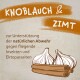 Knoblauch- und Zimtprodukt für Haustiere, das natürlichen Schutz gegen fliegende Insekten und Ektoparasiten fördert, mit illustriertem Knoblauch und Zimtstangen.