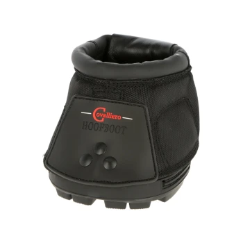 Schwarzer Hufschuh von Covalliero, mit gepolstertem oberen Teil und strukturiertem Boden, beschriftet mit "HOOFBOOT" und drei runden Griffpunkten.