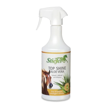 Flasche mit Stiefel Top Shine Aloe Vera Spray für Pferde, mit einem Pferdebild und Text in deutscher Sprache über die Vorteile für den Glanz des Fells.
