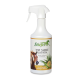 Flasche mit Stiefel Top Shine Aloe Vera Spray für Pferde, mit einem Pferdebild und Text in deutscher Sprache über die Vorteile für den Glanz des Fells.