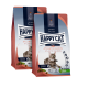 Zwei Beutel Happy Cat Adult Atlantic Salmon Trockenfutter, glutenfreie Rezeptur, hergestellt in Deutschland.