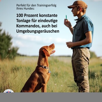 Junge trainiert einen braunen Hund im Freien mit deutschem Text über konsistenten Ton für klare Kommandos trotz Hintergrundgeräuschen.