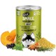 Dosen-Hundefutter mit der Aufschrift "eat SMALL" in grünem Design, mit einer Wolf-Illustration und Zutaten wie Kürbis, Hirse und Kräutern.