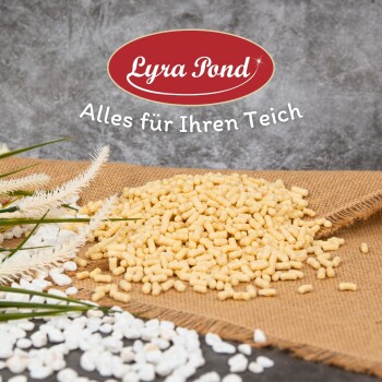 Lyra Pond Fischfutterpellets, die auf Jute verstreut sind, mit weißen dekorativen Steinen und grünen Grasakzenten; der Text lautet "Alles für Ihren Teich."