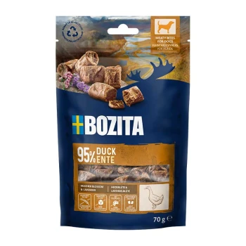 Blaue BOZITA Hundesnack-Tasche mit fleischigen Bites, gekennzeichnet mit '95% Ente', 'Meaty Bites for Dogs', Heidekraut und Lavendel, 70 g.