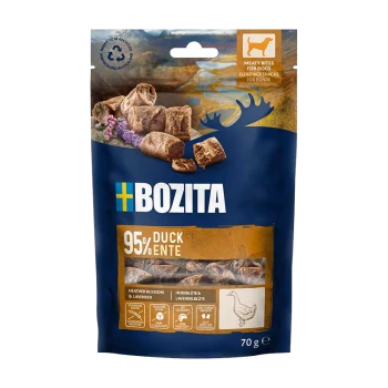 Blaue BOZITA Hundesnack-Tasche mit fleischigen Bites, gekennzeichnet mit '95% Ente', 'Meaty Bites for Dogs', Heidekraut und Lavendel, 70 g.