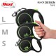 A hand holding three Flexi retractable dog leashes in black with green accents, labeled S, M, and L.