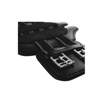 Nahaufnahme eines schwarzen Haustiergeschirrs mit silbernen Metall-Schnallen und verstellbaren Riemen, entworfen für Komfort und Sicherheit.