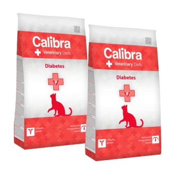 Feline Diabetes 2x2 kg Zwei Tüten Calibra Veterinary Diets für Katzen, beschriftet mit "Diabetes", mit einem rot-weißen Design und einer Katzensilhouette.