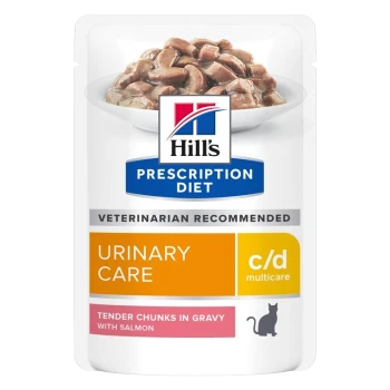 Hill's Prescription Diet Urinary Care c/d, zarte Stücke in Soße mit Lachs, vom Tierarzt empfohlen, Verpackung für Katzenfutter.