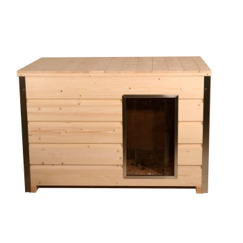 Haustierhaus aus naturbelassener Kiefer mit Lattenverkleidung, rechteckiger klarer Vinyltür in Metallrahmen und Metall-Eckverkleidung.