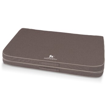 Braunes Haustierbett mit glatter Textur, mit dem Logo "KNUFFELWUFF" in Weiß, entworfen für Komfort und Unterstützung.