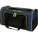 Blue pet carrier with black mesh panels and bright green trim, featuring dual zippers and sturdy handles for easy transport.