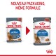 Deux sachets de nourriture pour chats Royal Canin : nouvel emballage à gauche, ancien à droite, avec "NOUVEAU PACKAGING, MÊME FORMULE" en évidence.