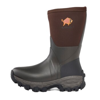 Braun-schwarzer wasserdichter Outdoor-Stiefel mit robuster Sohle und "Gateway I"-Logo mit orangefarbenem Büffel.
