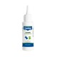 Canina Augenpflege Lotion Flasche für Hunde und Katzen, mit blauen Hundesilhouetten und grünen Katzensilhouetten, beschriftet für Augenreinigung und -pflege.