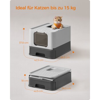 Katzenstreu-Box, entworfen für Katzen bis zu 15 kg, mit den Abmessungen 37,8 cm Höhe, 42,5 cm Breite und 54,3 cm Tiefe.