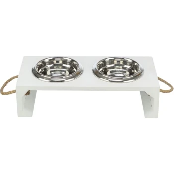 BE NORDIC Napf-Set, 2 x 0,9 l Weiße erhöhte Futterstation für Haustiere mit zwei Edelstahlschüsseln und Seilgriffen.