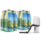 Sechs Flaschen des "Smoothie Dog"-Getränks für Hunde mit einem blauen und grünen Design, zusammen mit einem tragbaren Wasserspender.