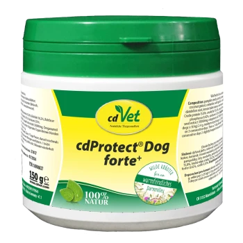 Behälter von cdVet cdProtect® Dog forte+, einem natürlichen Nahrungsergänzungsmittel für Hunde, mit einem grünen Deckel und 150g Etikett.