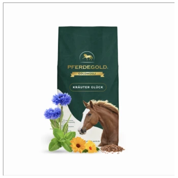 Grüne PFERDEGOLD Goldmüsli-Tüte mit Aufschrift Kräuter Glück, Pferdekopf, blaue Kornblumen, Ringelblumen, Minzblätter und Leinsamen.