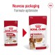 Comparaison de l'emballage de nourriture pour chiens Royal Canin Medium Adult, présentant un nouveau design à droite et une version plus ancienne à gauche.