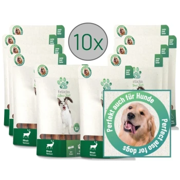 Zehn Pakete Fellicita Follows Sticks für Hunde, beschriftet mit "Junior, Adult, Senior" und featuring einem weißen Hund und "Hirsch Venison."