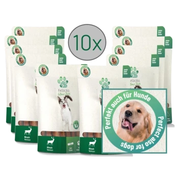 Zehn Pakete Fellicita Follows Sticks für Hunde, beschriftet mit "Junior, Adult, Senior" und featuring einem weißen Hund und "Hirsch Venison."