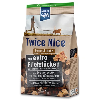 Hundfutterbeutel mit der Aufschrift "Twice Nice" mit Lamm und Huhn, mit zusätzlichen Filetstücken, in einer recycelbaren Verpackung. 1 kg Nettogewicht.