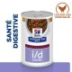 Alimentation pour chiens en conserve Hill's Prescription Diet i/d faible en matières grasses, avec du poulet et des légumes, avec le texte "Santé Digestive".
