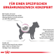 Silhouette eines Hundes mit einer Nierenillustration und deutschem Text zu den Ernährungsbedürfnissen von Hunden mit Nierenproblemen, mit Fokus auf Hydration und Urinieren.