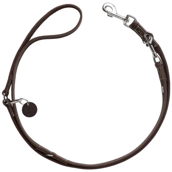 Braune Leder-Hundeleine mit einer Schlaufenhandhabung und einem Metallclip, ausgestattet mit einem kleinen runden Anhänger mit Hundesilhouette.