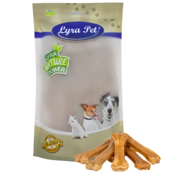 Lyra Hundefutter-Leckerlis-Packung mit einer Vielzahl von Hunden auf der Vorderseite, mit dem Etikett "Lyra Nature Power" und fünf Kaustangen vorne.