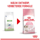 "NIEUW ONTWERP, VERBETERDE FORMULE" boven oude witte Pediatric Growth-zak → nieuwe roze ROYAL CANIN KITTEN 'Tot 12 maanden'