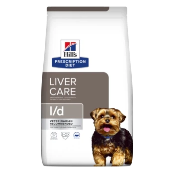Eine Tüte Hill's Prescription Diet Liver Care Hundefutter mit einem kleinen Hund auf der Vorderseite, beschriftet mit 'LIVER CARE' und 'Vom Tierarzt empfohlen.'
