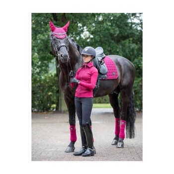 Ein Reiter in einer pinken Jacke steht neben einem schwarzen Pferd, beide in passender pinker Ausrüstung, einschließlich Ohrenschutz und Beinschutz.