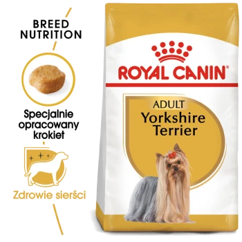 Torba z jedzeniem dla psów Royal Canin Adult Yorkshire Terrier z wizerunkiem Yorkshire Terriera, z tekstem podkreślającym odżywianie rasy i zdrowie serca.