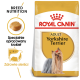Torba z jedzeniem dla psów Royal Canin Adult Yorkshire Terrier z wizerunkiem Yorkshire Terriera, z tekstem podkreślającym odżywianie rasy i zdrowie serca.