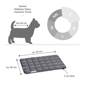 Hunde-Bettmaße mit einer Silhouette einer kleinen Hunderasse (Dackel, Malteser, Mops, Yorkshire Terrier) und einer Größentabelle.