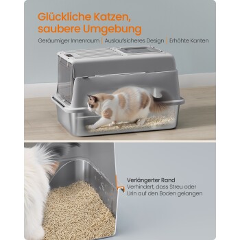 Graue überdachte Katzentoilette mit einer Katze innen, deutscher Text über geräumiges Innenleben, auslaufsicheres Design und erhöhte Ränder.