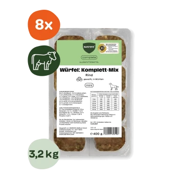 Packung BARFER'S complete Würfel: Komplett‑Mix Rind mini Rohfleisch-Hundefutter, mit sichtbaren Abzeichen „8x“ und „3,2 kg“.