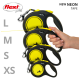 Image of Flexi retractable dog leashes in various sizes (L, M, S, XS) with a black and neon yellow design, labeled "NEW NEON TAPE."