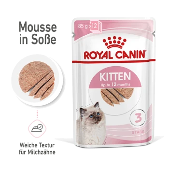 Royal Canin Kitten-Futterbeutel, 85 g x 12, mit Mousse in Sauce für Kätzchen bis zu 12 Monaten, mit einer weichen Textur für Milchzähne.